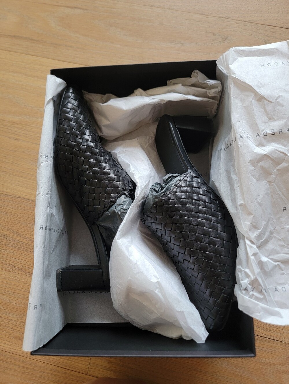 Freda Salvador Ginny Woven Leather Block Heel Mule - Black